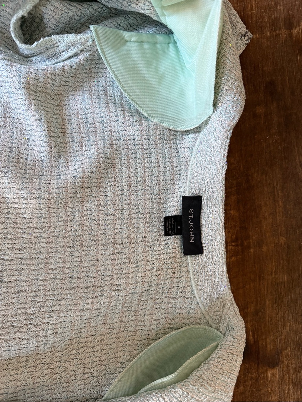 St. John Collection Iridescent Sequin Tweed Open Front Jacket in Seafoam - Picture 9 of 13